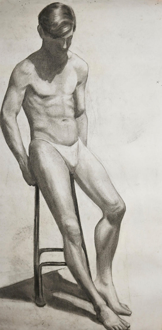 FLORENCE DEARLING, MALE FIGURE STUDY, DUAL SIDED, PENCIL ON PAPER, UNSIGNED, IMAGE 103 x 69cm, CUSTOM FRAME 1060 x 650cm.