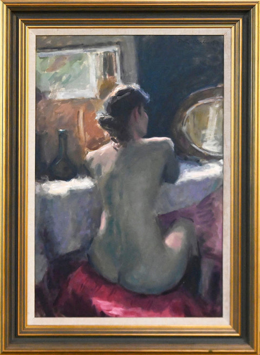 PETER SMALES, BACKLIT FEMALE NUDE 1994, OIL ON MASONITE, SIGNED AND DATED UPPER RIGHT, 74 X 49CM, FRAME SIZE: 94 X 68CM