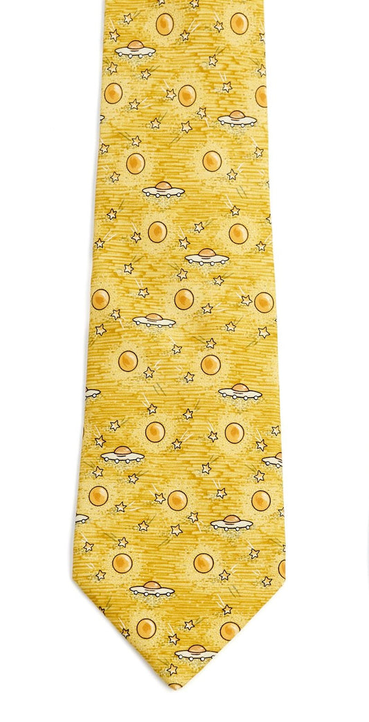 HERMES SILK TIE IN YELLOW TONES WITH FLYING SAUCER MOTIF