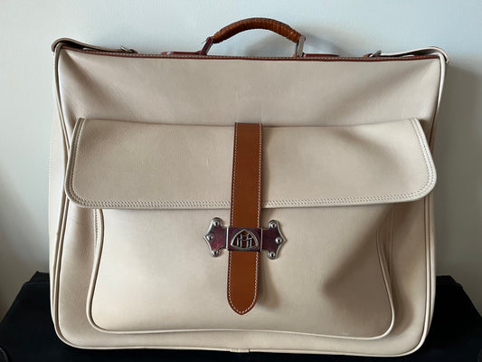 DUNHILL FOR MAYBACH, THREE TRAVEL BAGS IN BEIGE LEATHER WITH TAN LEATHER TRIM & SILVER-TONE METAL MAYBACH LOGO HARDWARE.