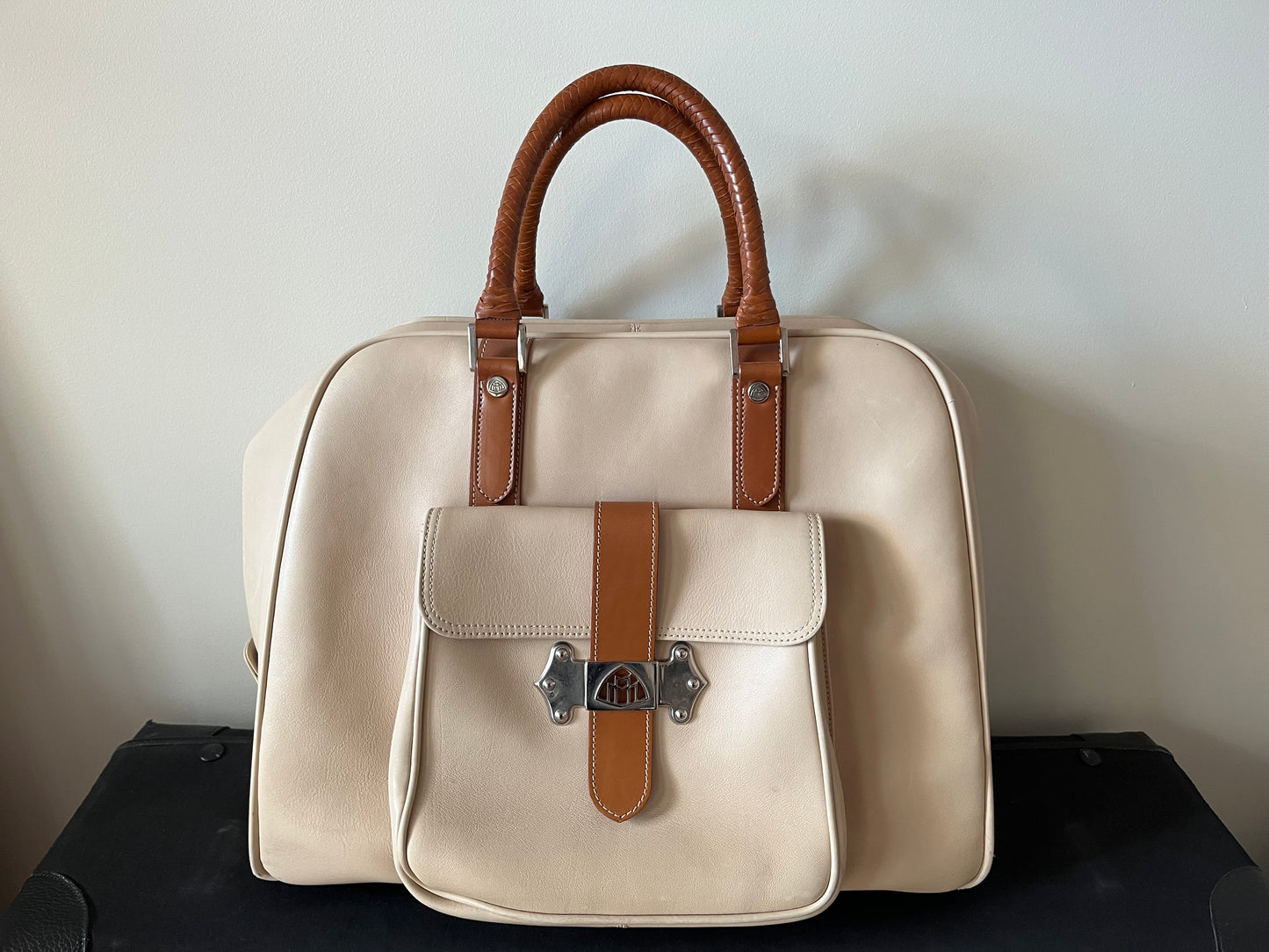 DUNHILL FOR MAYBACH, THREE TRAVEL BAGS IN BEIGE LEATHER WITH TAN LEATHER TRIM & SILVER-TONE METAL MAYBACH LOGO HARDWARE.