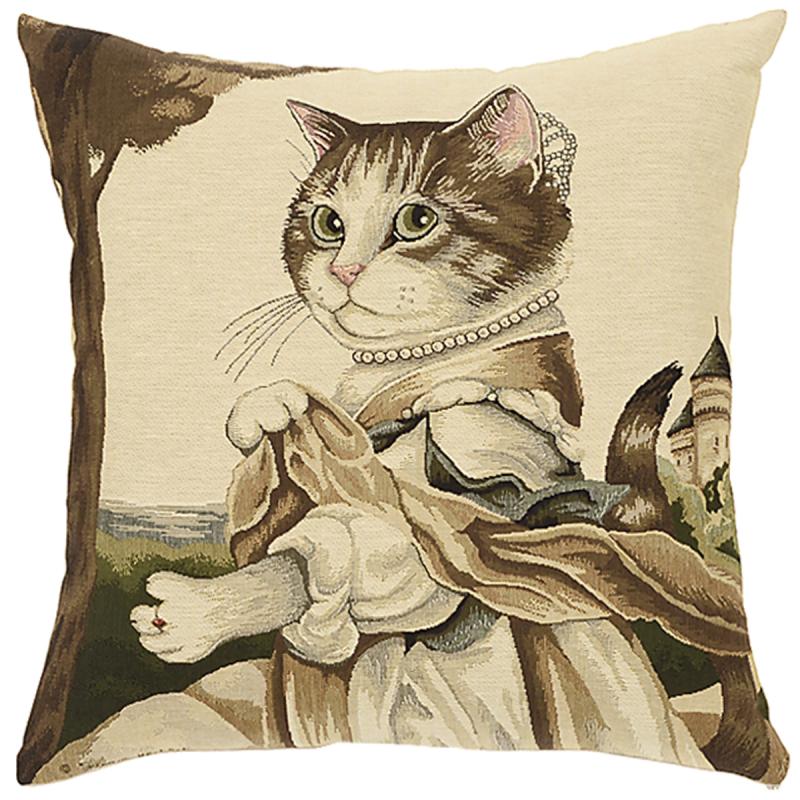 ADORABELLA DRESSED CATS LADY GUINEVERE JACQUARD TAPESTRY CUSHION, MADE IN AUSTRALIA, 47cm SQUARE.