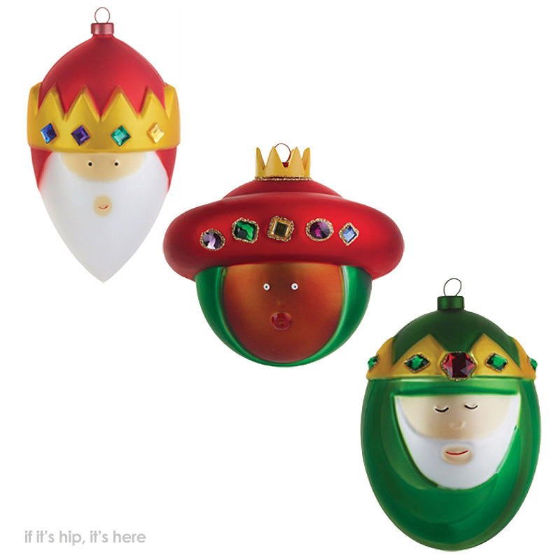 ALESSI, SET OF 'THREE WISE MEN' CHRISTMAS BAUBLES IN BLOWN GLASS, HAND DECORATE.