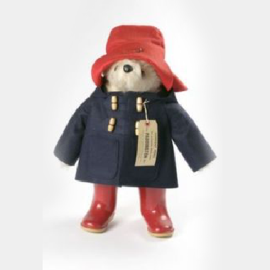 VINTAGE PADDINGTON BEAR BY GABRIELLE TOYS ENGLAND, WITH RED DUNLOP BOOTS, CIRCA 1980.