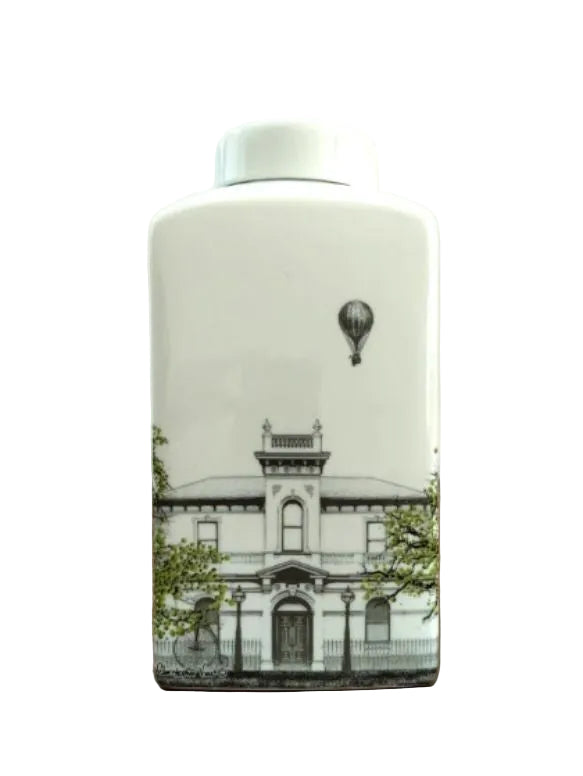 CHRISTOPHER VINE DESIGN AUSTRALIA, PORCELAIN GINGER JAR WITH VICTORIAN MANSION DESIGN, 27 x 13 x 13cm.