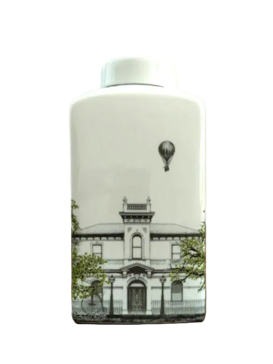 CHRISTOPHER VINE DESIGN AUSTRALIA, PORCELAIN GINGER JAR WITH VICTORIAN MANSION DESIGN, 27 x 13 x 13cm.