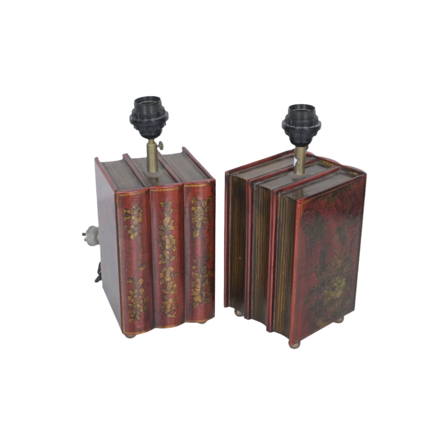 A PAIR OF TABLE LAMPS, THE BASE IN A FORM OF BOOK BINDINGS - NO SHADES (36CM H X 15CM W)