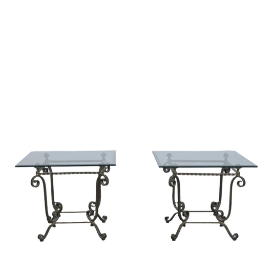 A PAIR OF BRASS STYLE METAL AND GLASS SIDE TABLES, 55 x 65 x 65cm