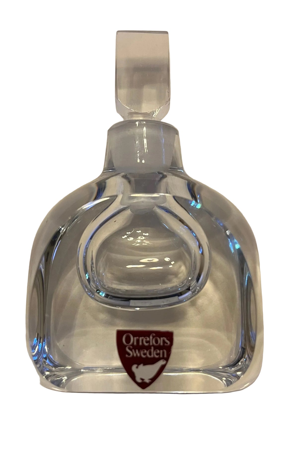 ORREFORS, SWEDISH CRYSTAL PERFUME / SCENT BOTTLE, WITH TEARDROP SHAPED RESOVOIR & RECTANGULAR STOPPER, SIGNED ‘ORREFORS’ TO THE BASE, HEIGHT 9cm.