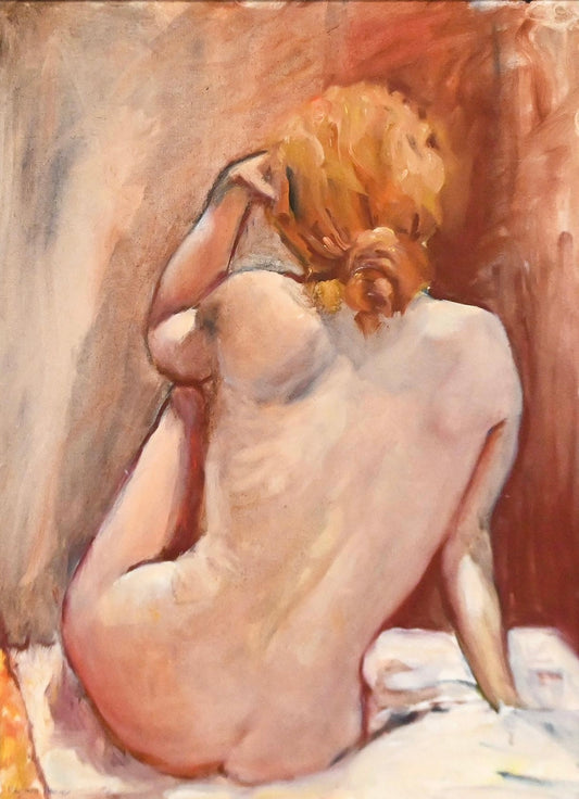 MARJORIE BOLTON HARVEY, (SEATED NUDE), OIL ON CANVAs-BOARD, SIGNED LOWER LEFT, 75 X 55CM, FRAME SIZE: 86 X 65.5CM
