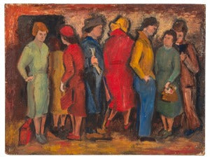 RICHARD FRANCIS LAHEY, AMERICAN, (1893-1978) ‘CONVERSATIONS’ OIL ON BOARD, CIRCA 1940.