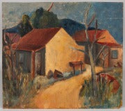 RICHARD FRANCIS LAHEY, AMERICAN (1893-1978) ‘COUNTRY TOWN’ OIL ON BOARD, CIRCA 1940.