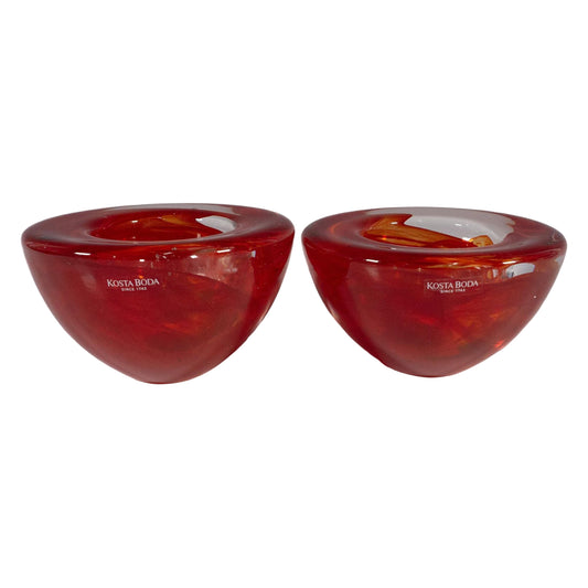 KOSTA BODA, PAIR OF RED ATOLL VOTIVES, DESIGNED BY  ANNA EHRNER,  DIAMETER 8cm, HEIGHT 3cm.