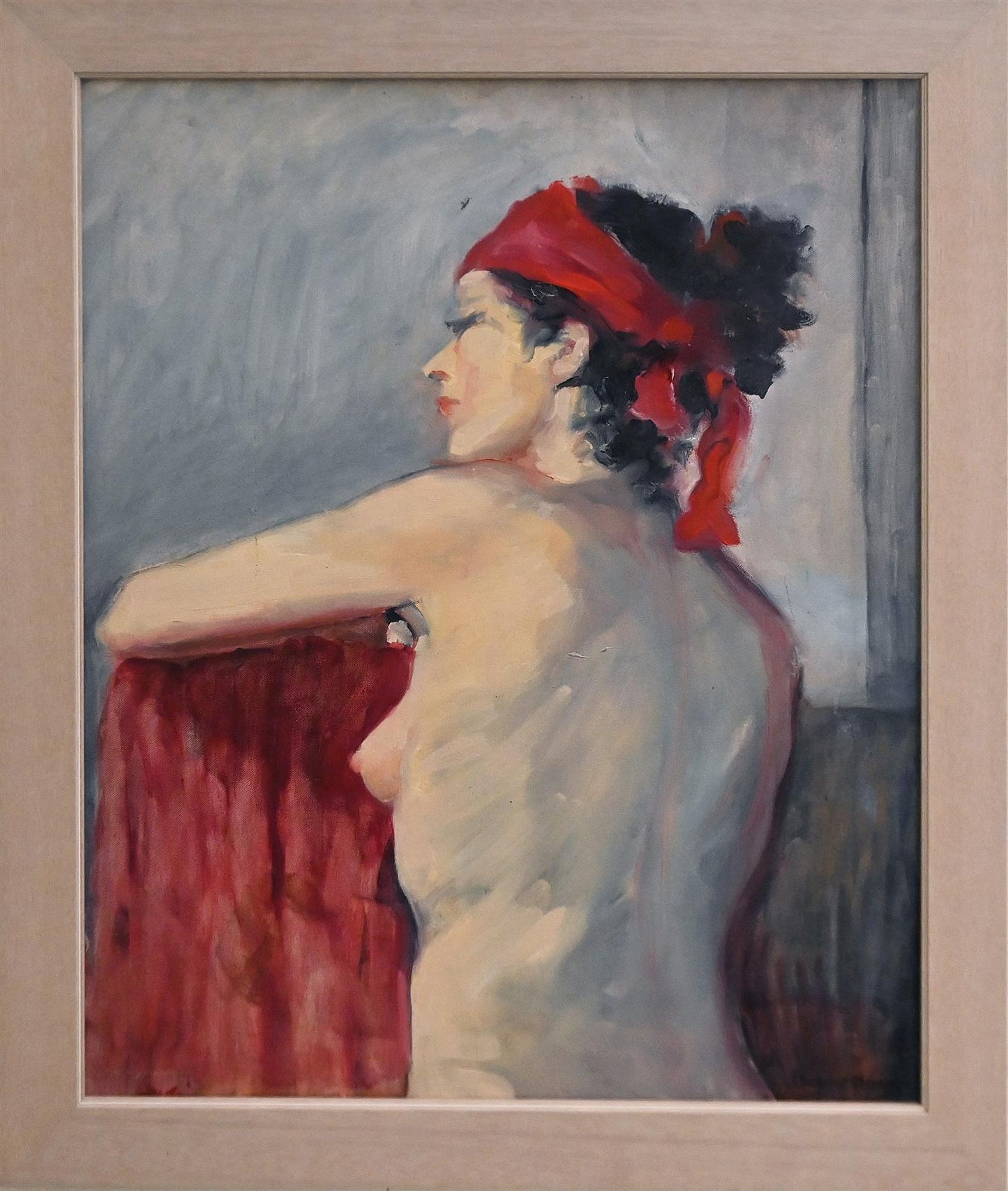 MARJORIE BOLTON HARVEY, PORTRAIT OF A NUDE WOMAN WITH SCARF, OIL ON CANVAS-BOARD, SIGNED LOWER RIGHT, 59.5 x 49.5cm, FRAME SIZE: 70 x 60cm.