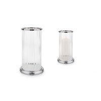 A PAIR OF SILVER PLATED AND GLASS HURRICANE CANDLE HOLDERS, 26cm TALL.
