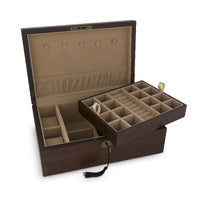WOODEN JEWELLERY BOX WITH LIFT OUT TRAY IN MATTE WALNUT VENEER FINISH, 30 x 20 x 10cm.
