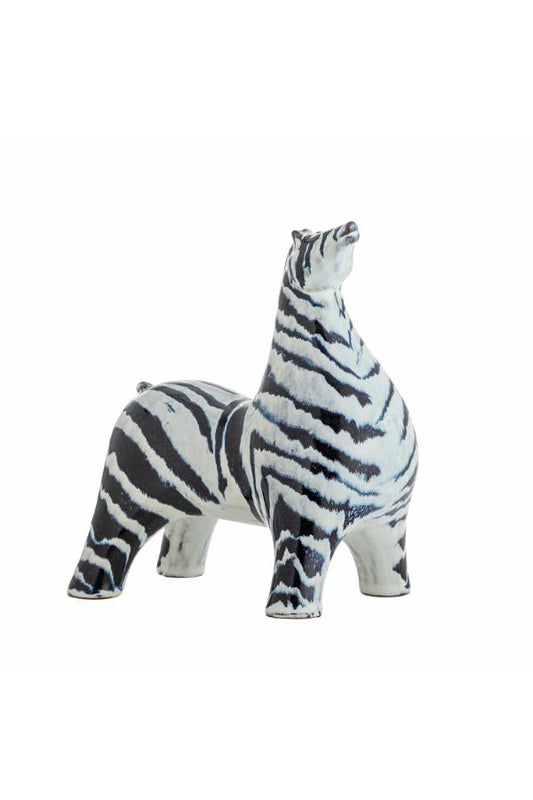 BLOOMINGVILLE, PAIR OF STONEWARE ZEBRAS, BLUE AND WHITE GLAZE, EACH 15 x 17 x 10cm.