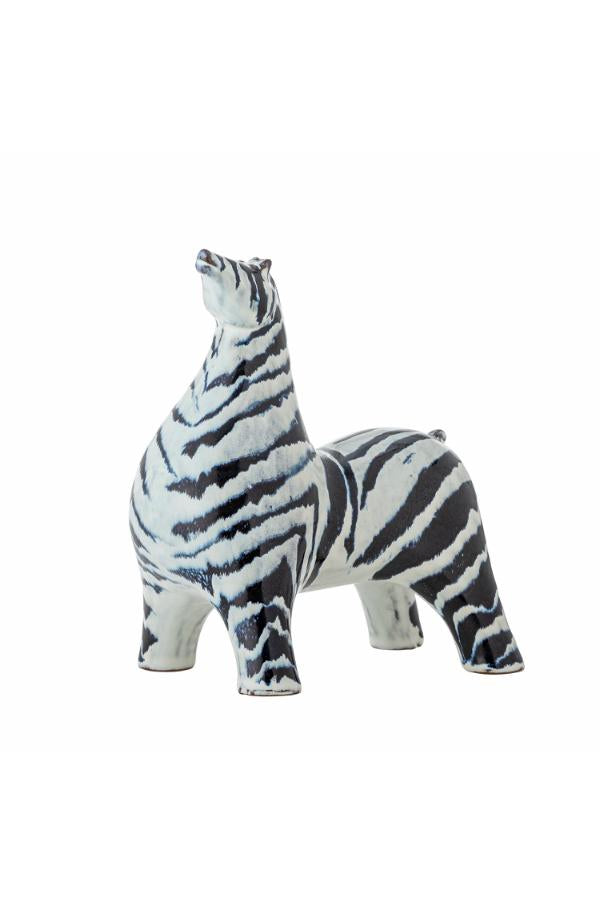 BLOOMINGVILLE, PAIR OF STONEWARE ZEBRAS, BLUE AND WHITE GLAZE, EACH 15 x 17 x 10cm.