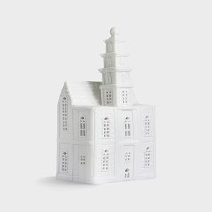 KLEVERING, WHITE PORCELAIN TEALIGHT AMSTERDAM CHURCH STEEPLE CANAL HOUSE, 11 x 7 x 13.5cm.