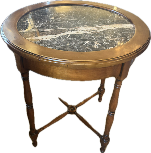 RICHELIEU DIRECTOIRE STYLE MARBLE TOP ROUND CHERRYWOOD TABLE, DIAMETER 78cm, HEIGHT 74cm.