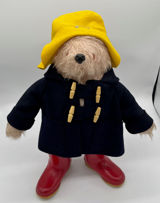 VINTAGE PADDINGTON BEAR BY GABRIELLE TOYS ENGLAND, WITH RED DUNLOP BOOTS, CIRCA 1970.