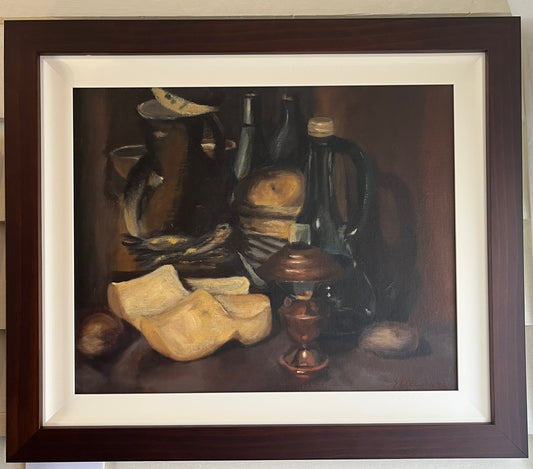 STILL LIFE WITH CLOGS, OIL ON CANVAS BOARD, SIGNED LOWER LEFT, 49 x 39cm, CUSTOM MADE FRAME, 64 x 55cm.
