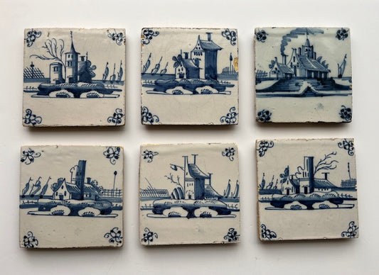 A SERIES OF SIX CONTINUOUS SCENE 17th CENTURY DUTCH TILES, each Tile 13 x 13cm.