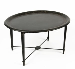 A VINTAGE OVAL PAPIER MACHE TOPPED TRAY STAND TABLE, 45 x 77 x 63cm.