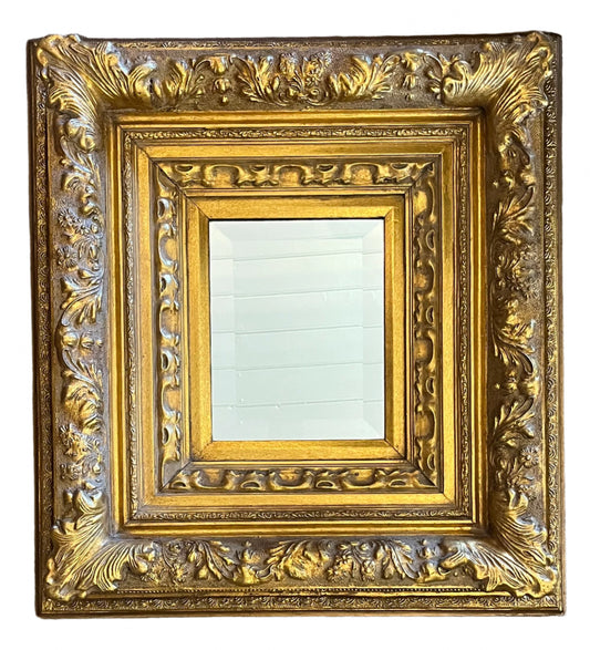 ROCCOCO STYLE ORNATE GOLD FRAMED BEZELED MIRROR, FRAME 54 x 64cm, MIRROR 19 x 24mm.
