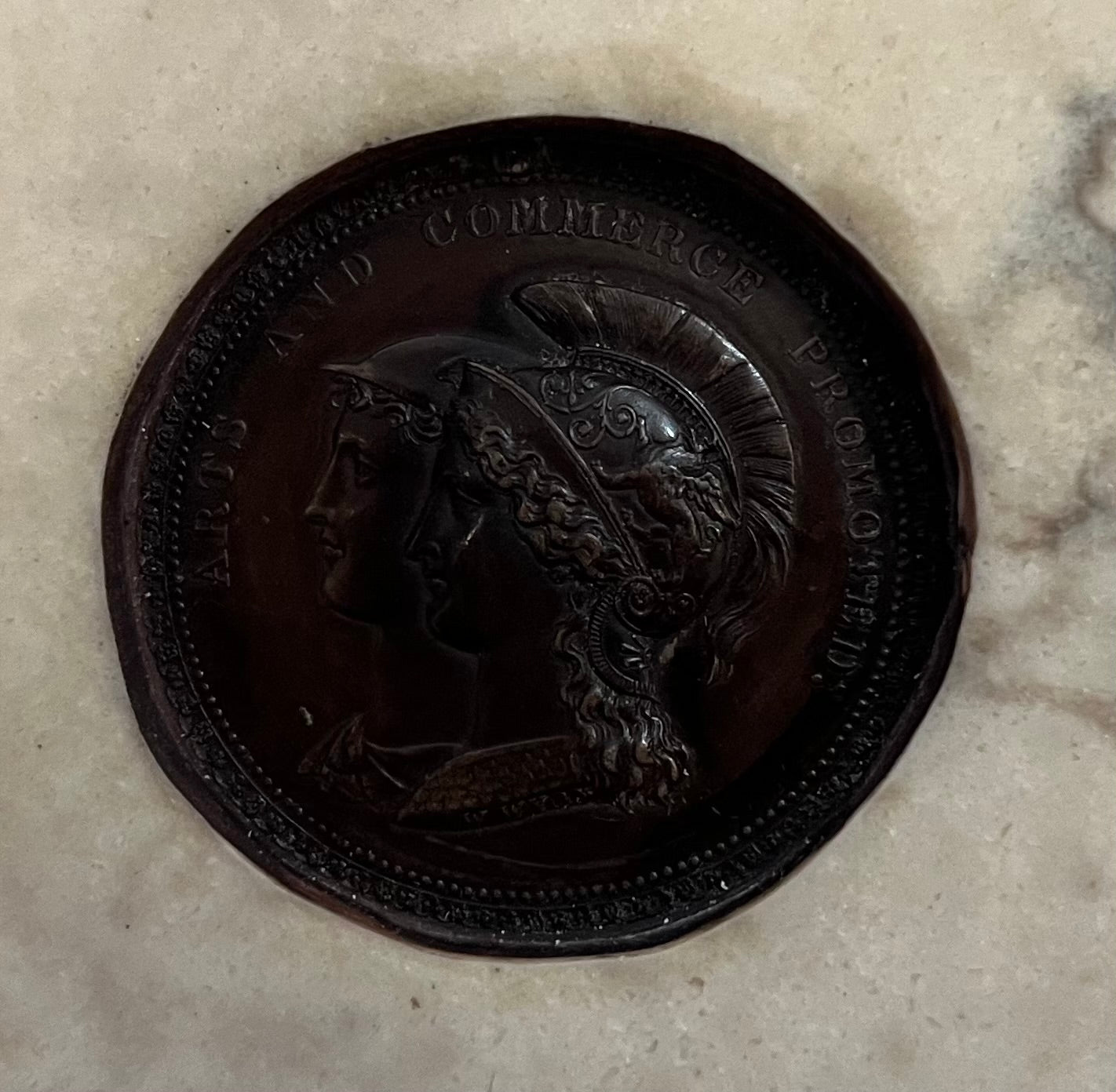 ANTIQUE CAST MARBLE RELIEF PLAQUE, ARTS & COMMERCE PROMOTED-SIGNED P.J SEYMOUR, 1883, 30 x 20cm.