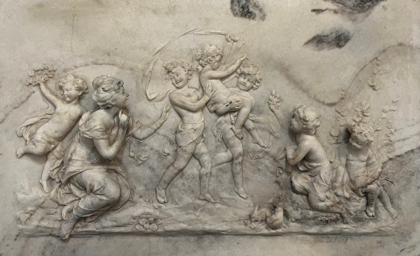 ANTIQUE CAST MARBLE RELIEF PLAQUE, ARTS & COMMERCE PROMOTED-SIGNED P.J SEYMOUR, 1883, 30 x 20cm.