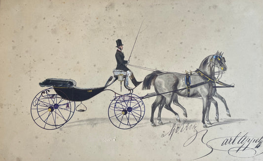 CARLE VERNET (1758-1836) EQUESTRIAN HAND COLOURED COPPER ENGRAVING, HORSE, CARRIAGE AND COACHMAN, IMAGE  37 x 23, CUSTOM FRAME 56 x 43cm.