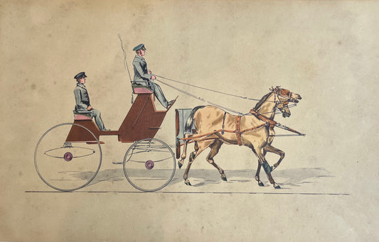 CARLE VERNET (1758-1836) EQUESTRIAN HAND COLOURED COPPER ENGRAVING, HORSE, CARRIAGE AND COACHMAN, IMAGE  37 x 23, CUSTOM FRAME 56 x 43cm.