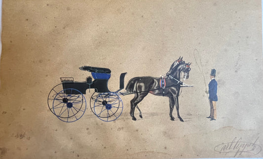 CARLE VERNET (1758-1836) EQUESTRIAN HAND COLOURED COPPER ENGRAVING, HORSE, CARRIAGE AND COACHMAN, IMAGE  37 x 23, CUSTOM FRAME 56 x 43cm.