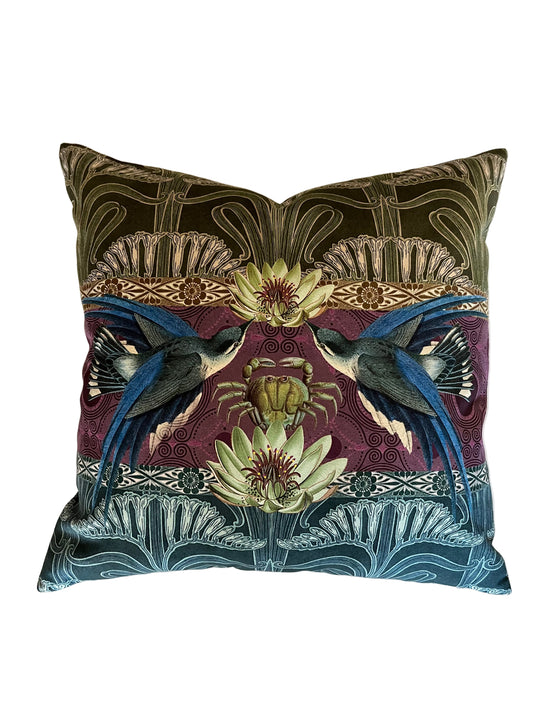 EXOTIC BIRDS WITH CRAB VELVET CUSHION, 40cm SQUARE, MADE IN FRANCE.