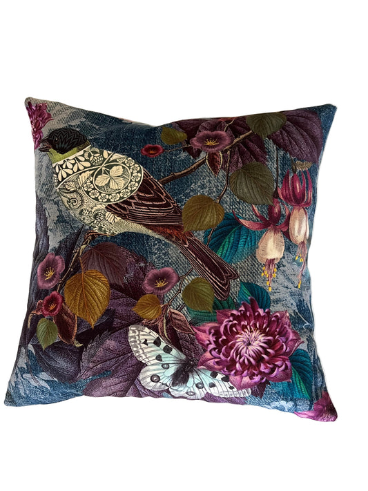 EXOTIC BIRDS WITH BUTTERFLY VELVET CUSHION, 40cm SQUARE, MADE IN FRANCE.