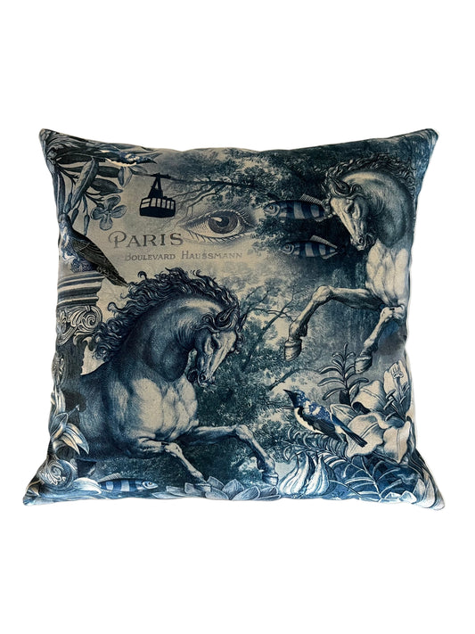 BLUE HORSES VELVET CUSHION, 40cm SQUARE, MADE IN FRANCE.