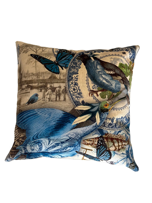 BLUE EXOTIC BIRDS WITH  BUTTERFLY VELVET CUSHION, 40cm SQUARE, MADE IN FRANCE.