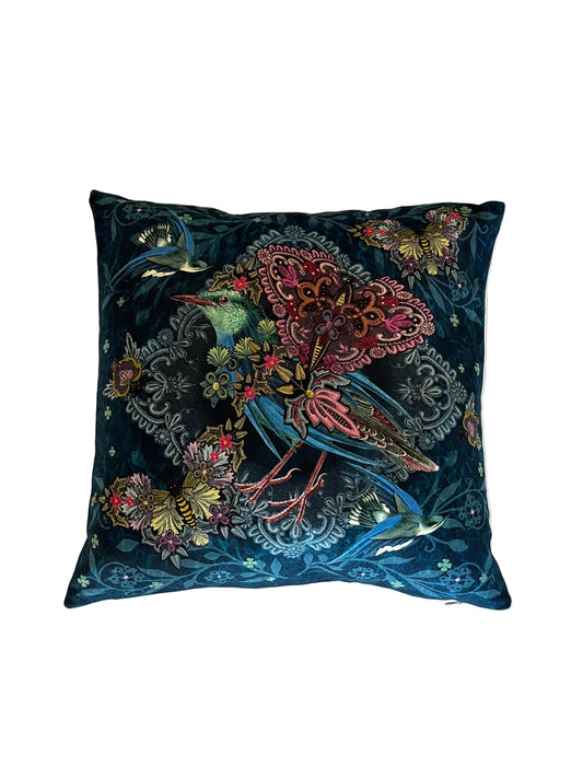 EXOTIC BLUE BIRD WITH THREE BUTTERFLIES VELVET CUSHION, 40cm SQUARE, MADE IN FRANCE.