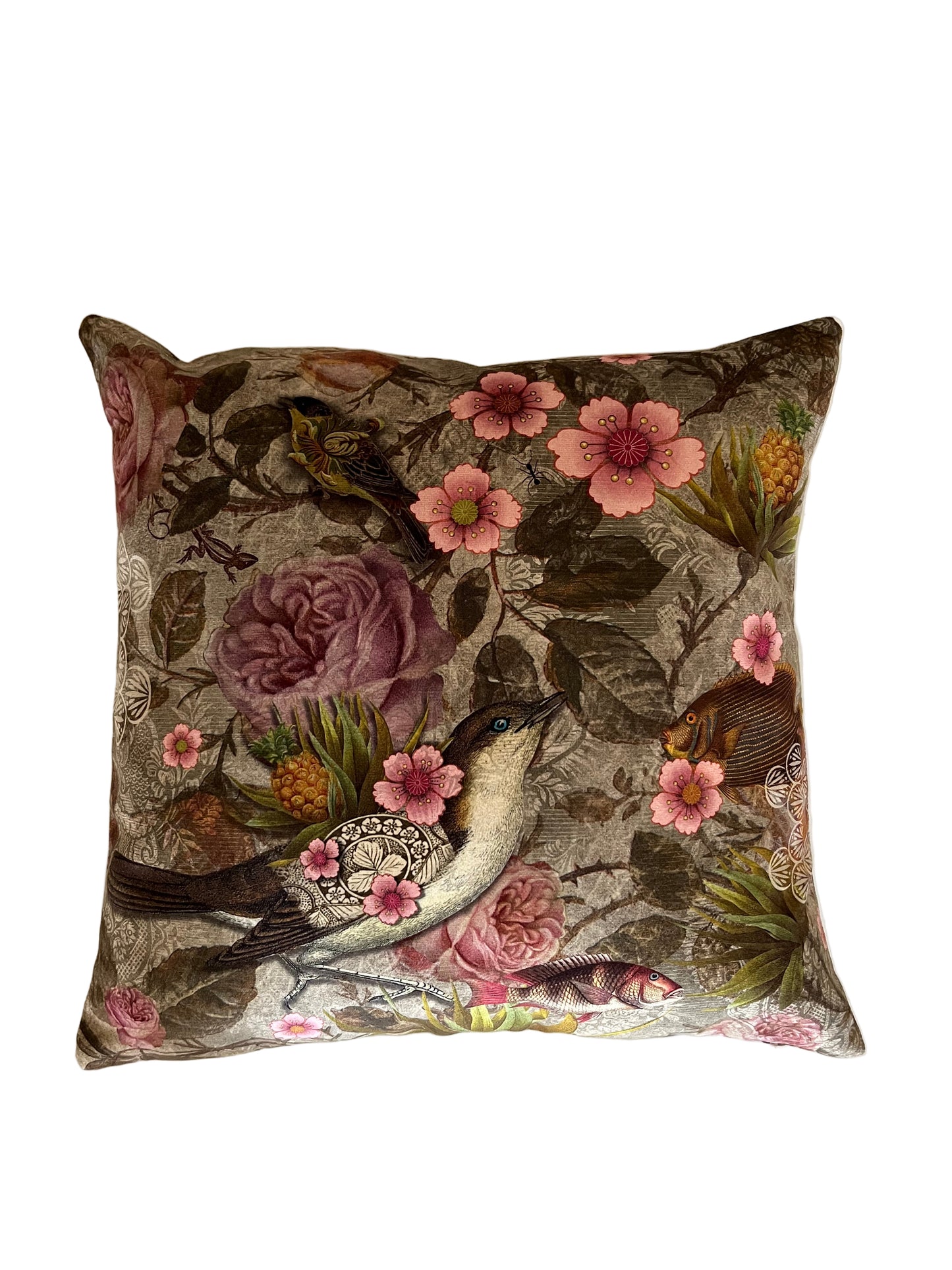 BIRD WITH PINK FLOWERS AND PINEAPPLE VELVET CUSHION, 40cm SQUARE, MADE IN FRANCE.