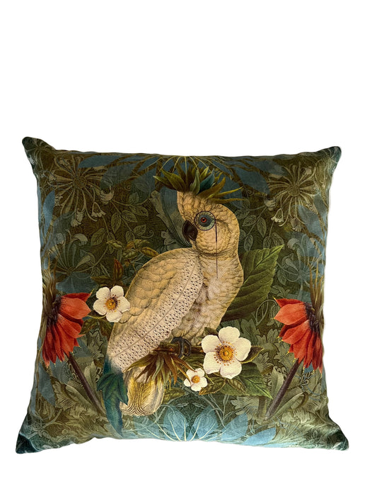 COCKATOO WITH MONOCLE VELVET CUSHION, 40cm SQUARE, MADE IN FRANCE.