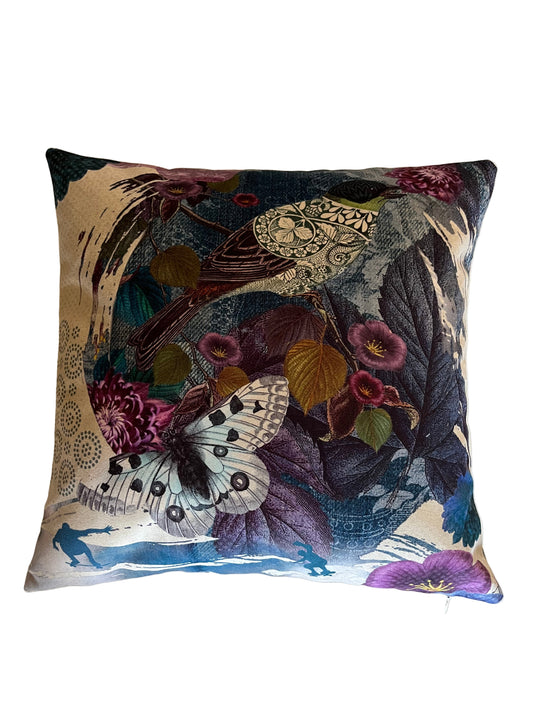 EXOTIC BIRD WITH BUTTERFLY & SKATEBOARDS VELVET CUSHION, 40cm SQUARE, MADE IN FRANCE.