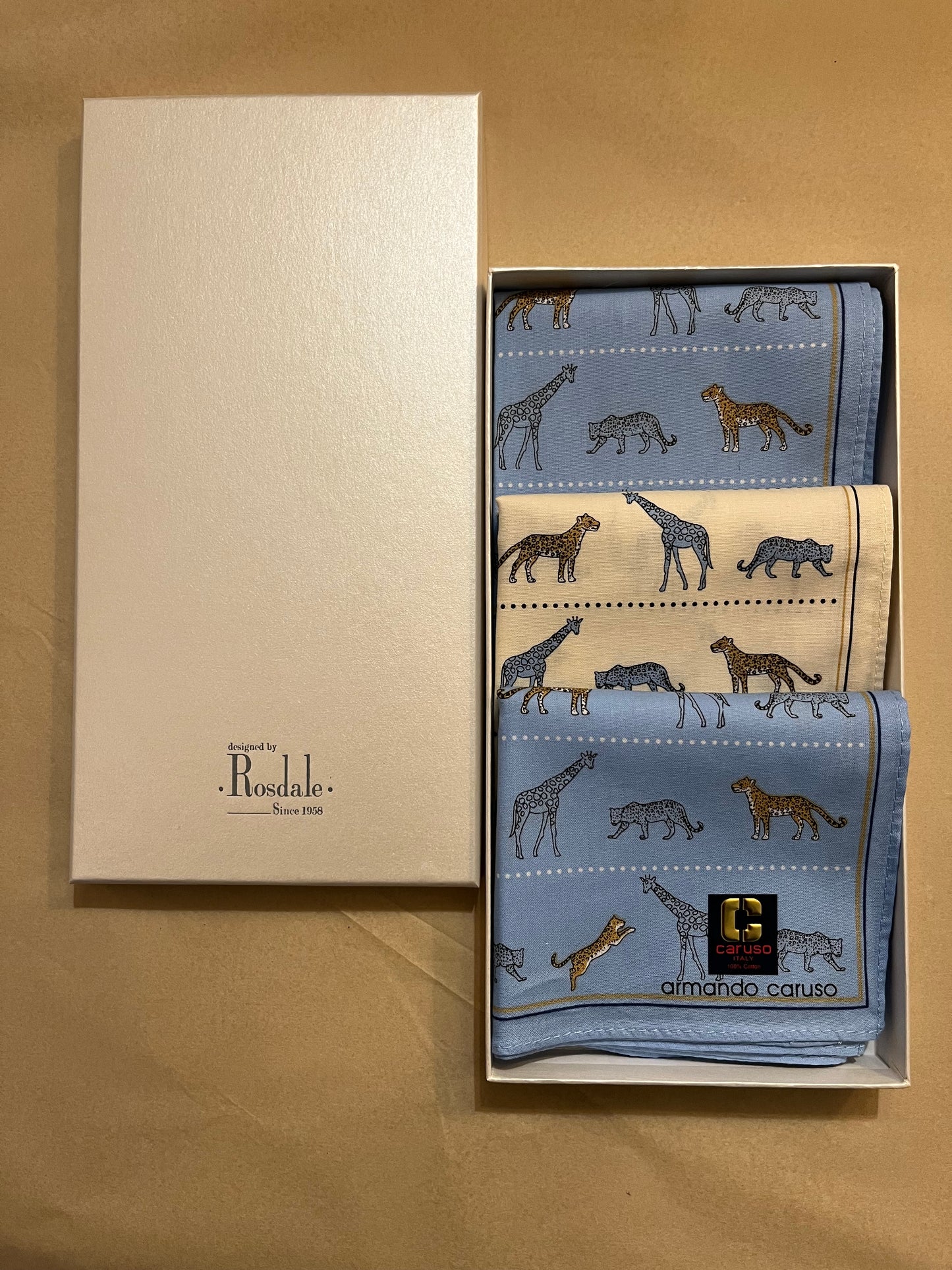 ROSDALE, SET OF THREE BOXED ARMANDO CARUSO HANDKERCHIEFS, BOXED.