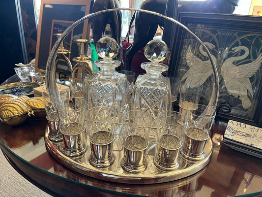 A CONTINENTAL SILVER PLATED DUEL DECANTER AND GLASS SET, TO A FITTED SILVER PLATED TRAY WIRG BEADED HANDLE, 44  x 34 x 32cm.