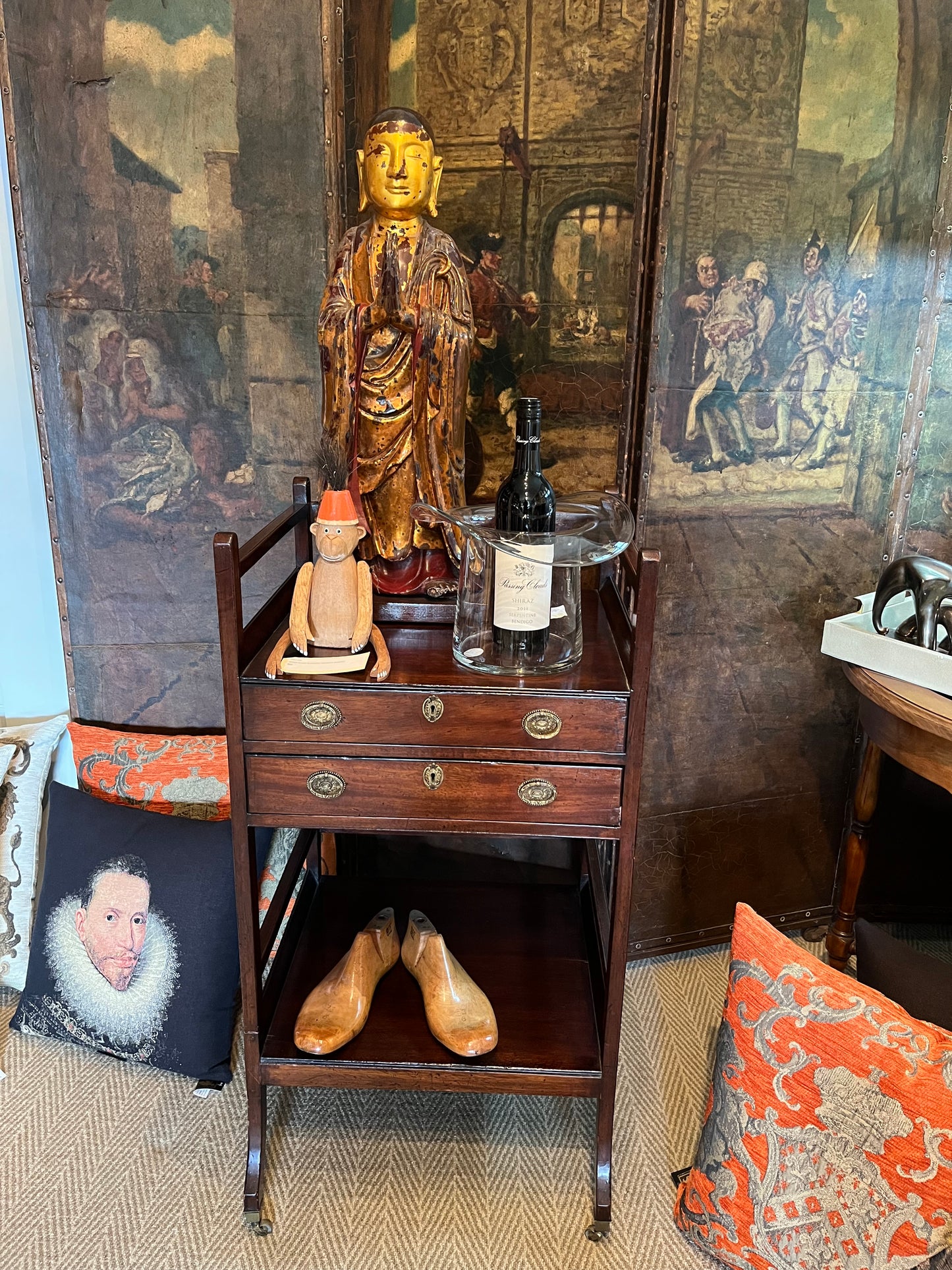 A GEORGE III MAHOGANY GENTLEMEN STAND WITH TWO SHELVES & TWO DRAWS AND BRASS FITTINGS, 45 x 50cm, Height 97cm.