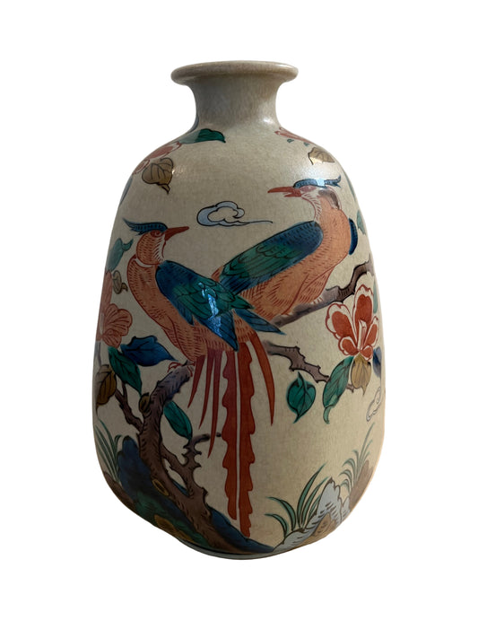 JAPANESE KUTANI WARE POTTERY MASK WITH BIRD MOTIF, HEIGHT 24cm.