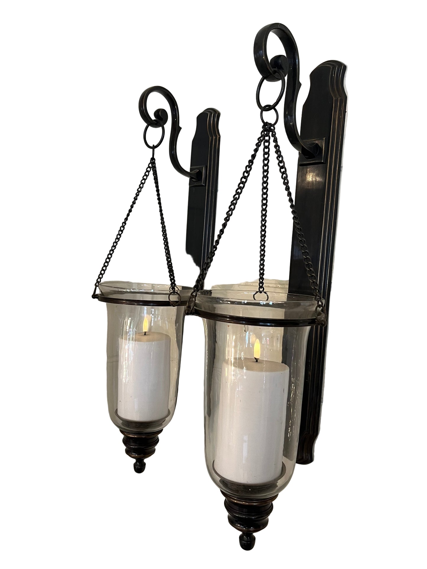 A PAIR OF HANGING BRASS LANTERNS WITH UYUNI OUTDOOR PILLAR CANDLES AND REMOTE, LENGTH 55cm