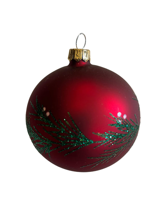 RED GLASS CHRISTMAS BAUBLE WITH MISTLETOE DESIGN, MADE IN POLAND