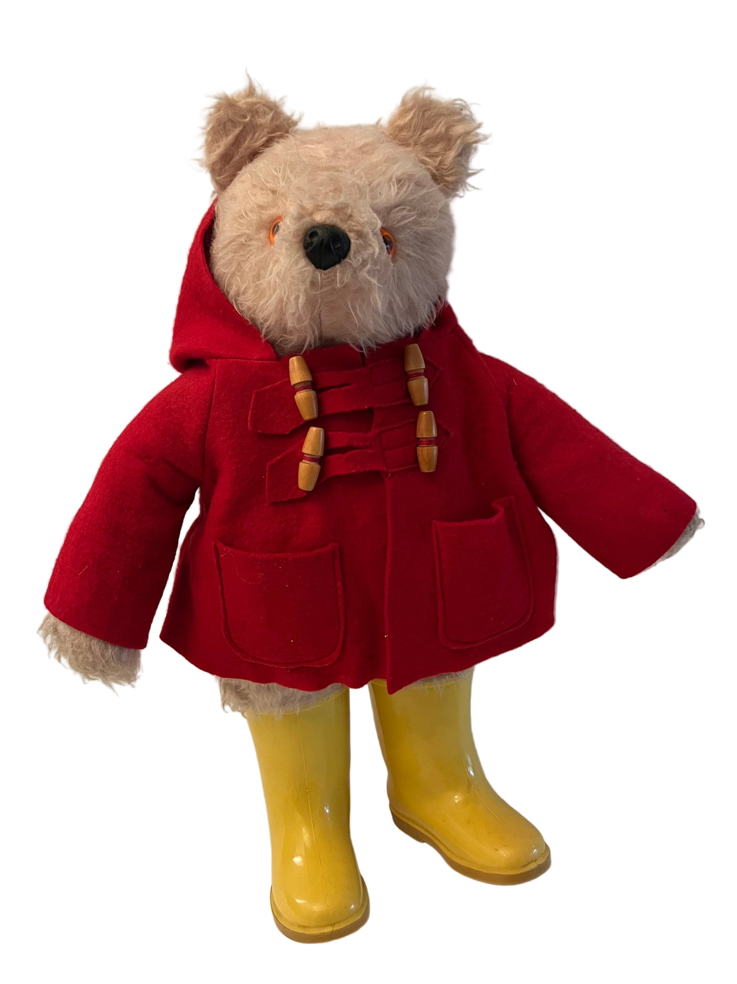 VINTAGE PADDINGTON BEAR BY GABRIELLE TOYS ENGLAND, WITH ORIGINAL FELT DUFFEL COAT &YELLOW DUNLOP BOOTS, CIRCA 1980, HEIGHT 40cm.
