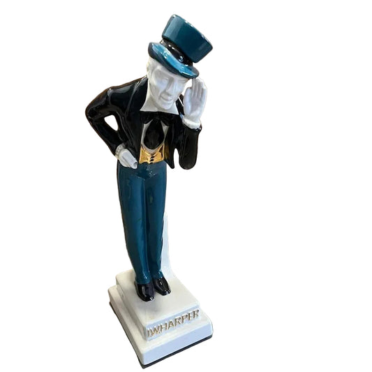 RARE I. W. HARPER BOURBON DECANTER, FEATURING MAN WITH TOP HAT, HEIGHT 42cm, CIRCA 1968.